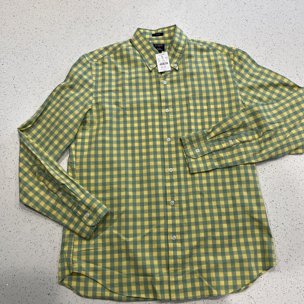 J Crew Flex Washed Slim L Large Long Sleeve Button Shirt Yellow Green Plaid NWT